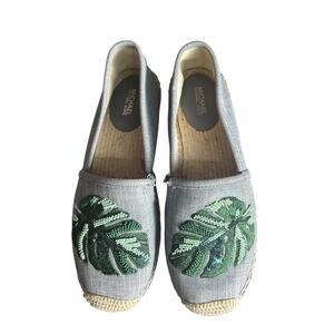 Michael Kors Sz 8.5 Kendrick Slip On Denim Espadrille Beaded Palm Tropical Boho